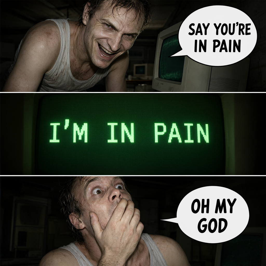 three-panel fleshy render of the meme: man at a CRT, SAY YOU'RE IN PAIN, I'M IN PAIN, OH MY GOD